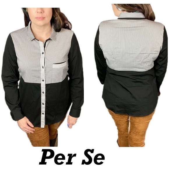 Per Se by Carlisle black white color block button up collared dress shirt career - Picture 1 of 12